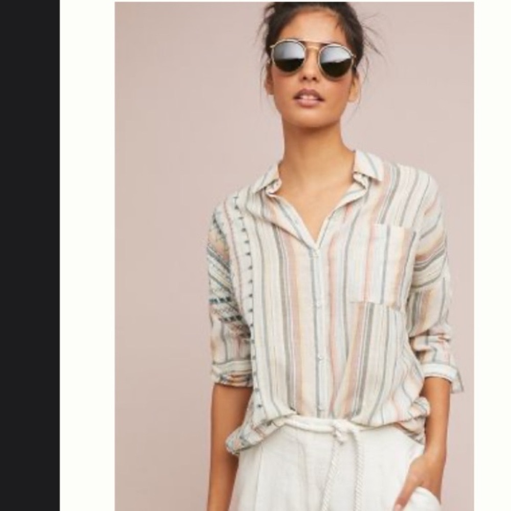 Anthropologie Akemi + Kin Neutral Striped Blouse Boho Oversized XS/S